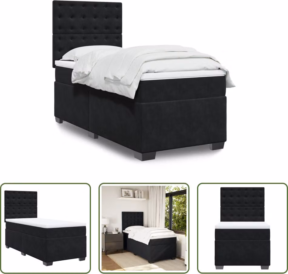 The Living Store Letto a molle con materasso nero 90x190 cm in velluto