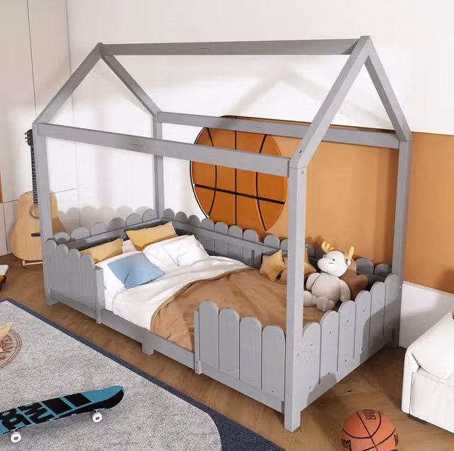 Letto a casetta per bambini 90 x 200 cm in legno grigio con protezione anticaduta e rete a doghe