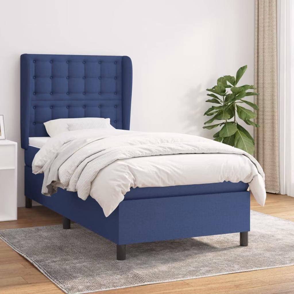 The Living Store Letto a molle con materasso blu 100x200 cm in tessuto