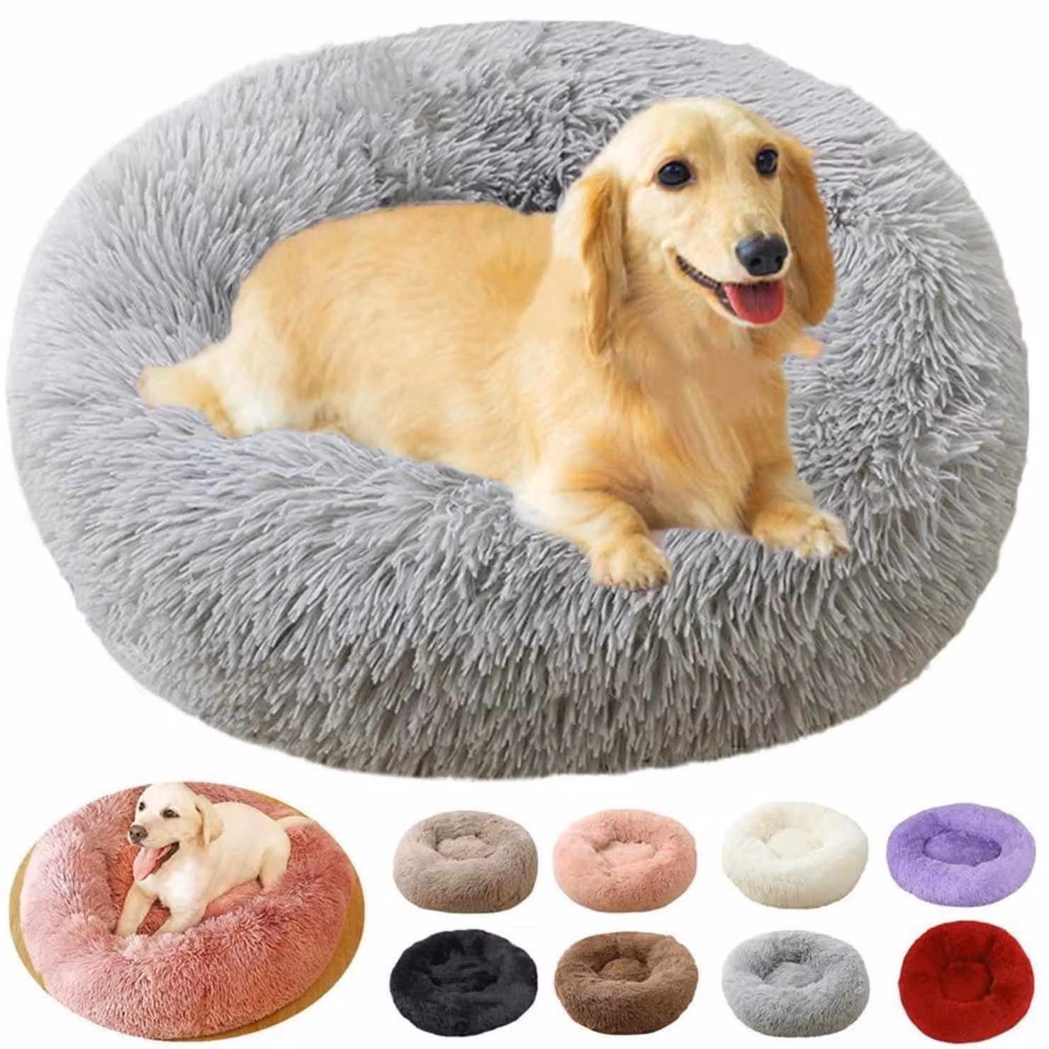 Cuccia per cani, rotonda, morbida, lavabile, antistress, 90 cm, grigio chiaro