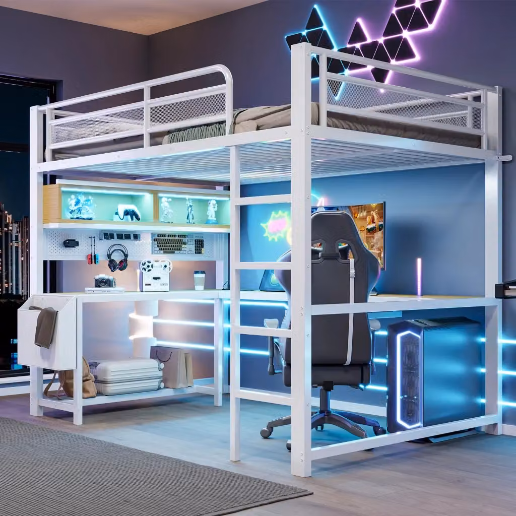 Letto a soppalco REDOM bianco con scrivania, illuminazione LED e porta USB, L/P/H: 204.5 x 140 x 144.5 cm – 2