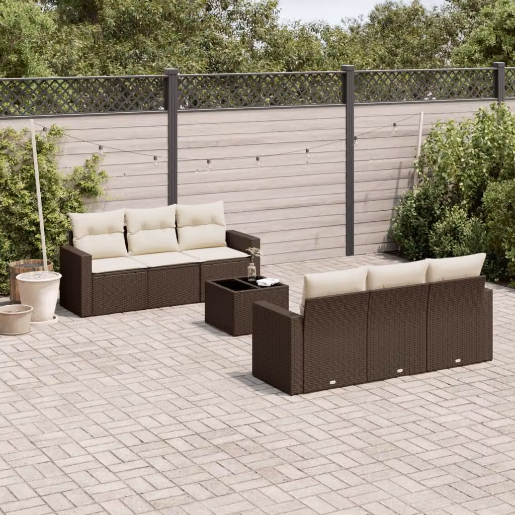 Set di divani da giardino vidaXL a forma di L composto da 7 pezzi con cuscini marroni e bianchi in rattan e struttura in metallo per esterno – 1