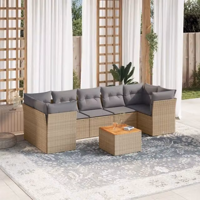 vidaXL Set Divano da Giardino a L in Polyrattan con Cuscini Beige e Grigio e Tavolino da Esterno – 1