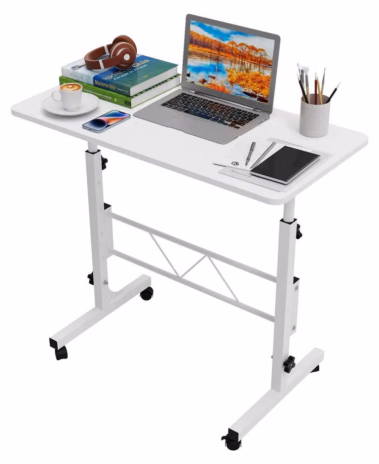 Tavolo per laptop con rotelle, regolabile in altezza da 69 a 110 cm, piano girevole a 360°, dimensioni 80x40 cm, colore bianco