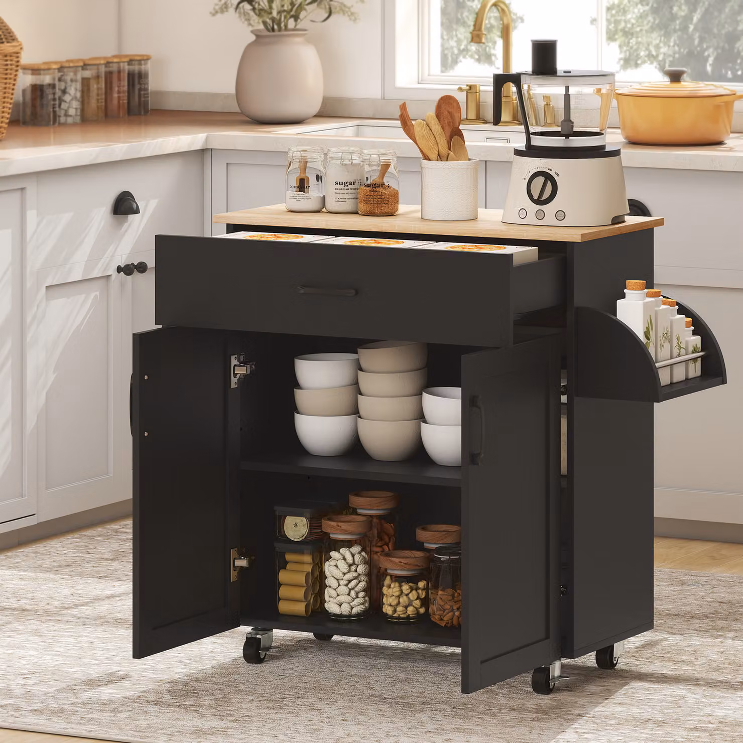 Carrello Isola da Cucina HOMCOM con Cassetti e 2 Ante, Ripiano Regolabile e Ruote, Nero, L 105 x P 36 x H 85 cm – 2