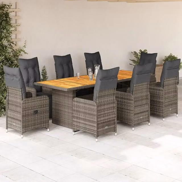 Set Bistrò da Giardino vidaXL in Polyrattan Grigio con Cuscini e Tavolo in Legno di Acacia 9 pz