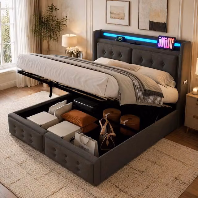 Letto matrimoniale 160x200 con testiera imbottita grigia, funzione di ricarica USB-C, struttura in legno e metallo, capacità 300 kg, senza materasso
