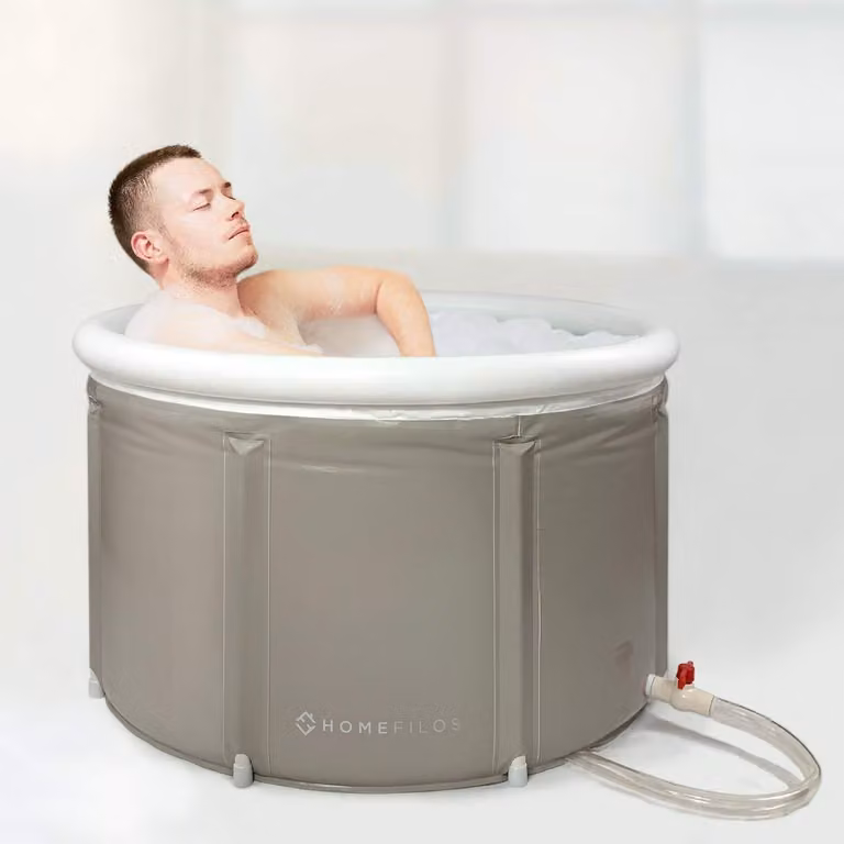 Vasca da bagno portatile, grande, rotonda, autoportante - capacità di 70 galloni - in plastica - colore grigio caldo, avorio