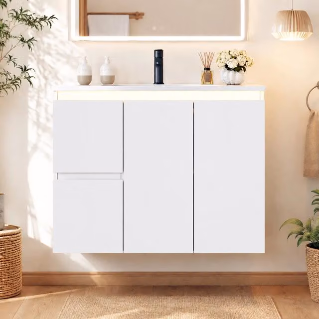 Lavabo sospeso a muro 76x47x57 cm, bianco, laccato completo con lavabo integrato, luce LED sensore radar, cerniere soft-close