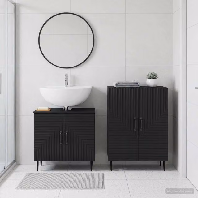 Set di mobili da bagno moderno vidaXL composto da mobile lavabo e mobile laterale in legno nero opaco – 1