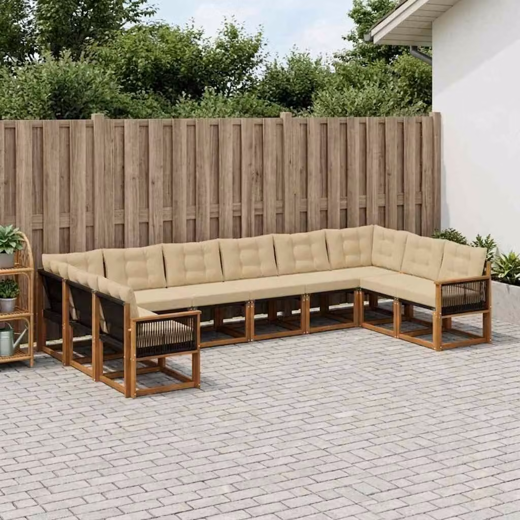 Set di divani da esterno vidaXL a forma di U in legno di acacia con cuscini beige e tessuto textilene