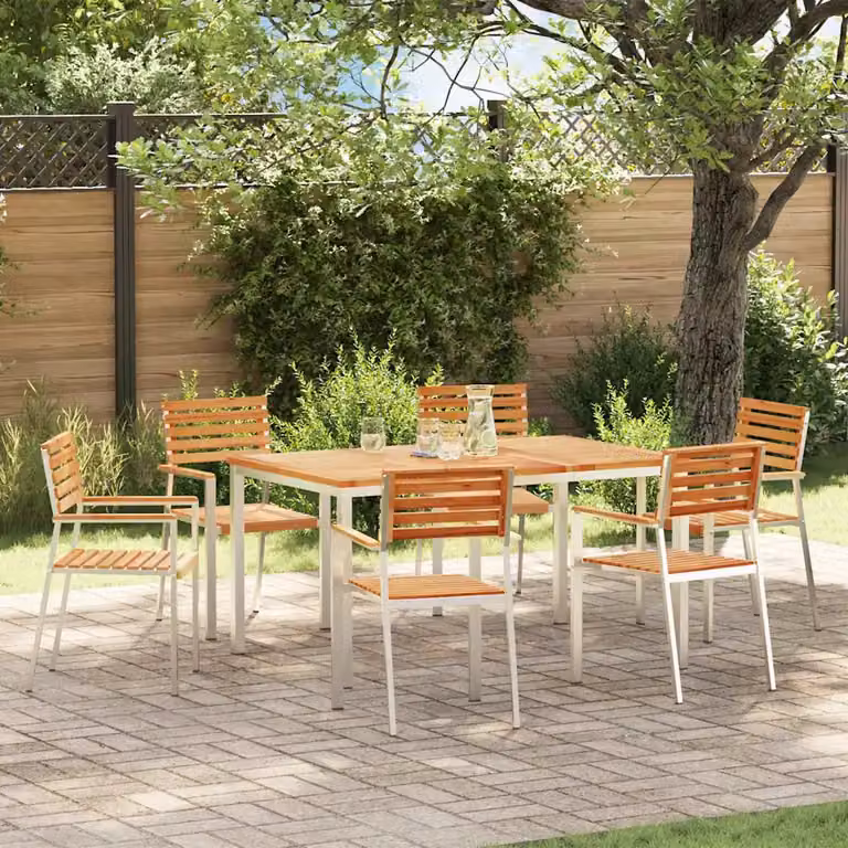 Set da pranzo per giardino e terrazzo vidaXL in legno di teak e acciaio inossidabile marrone, 7 pezzi