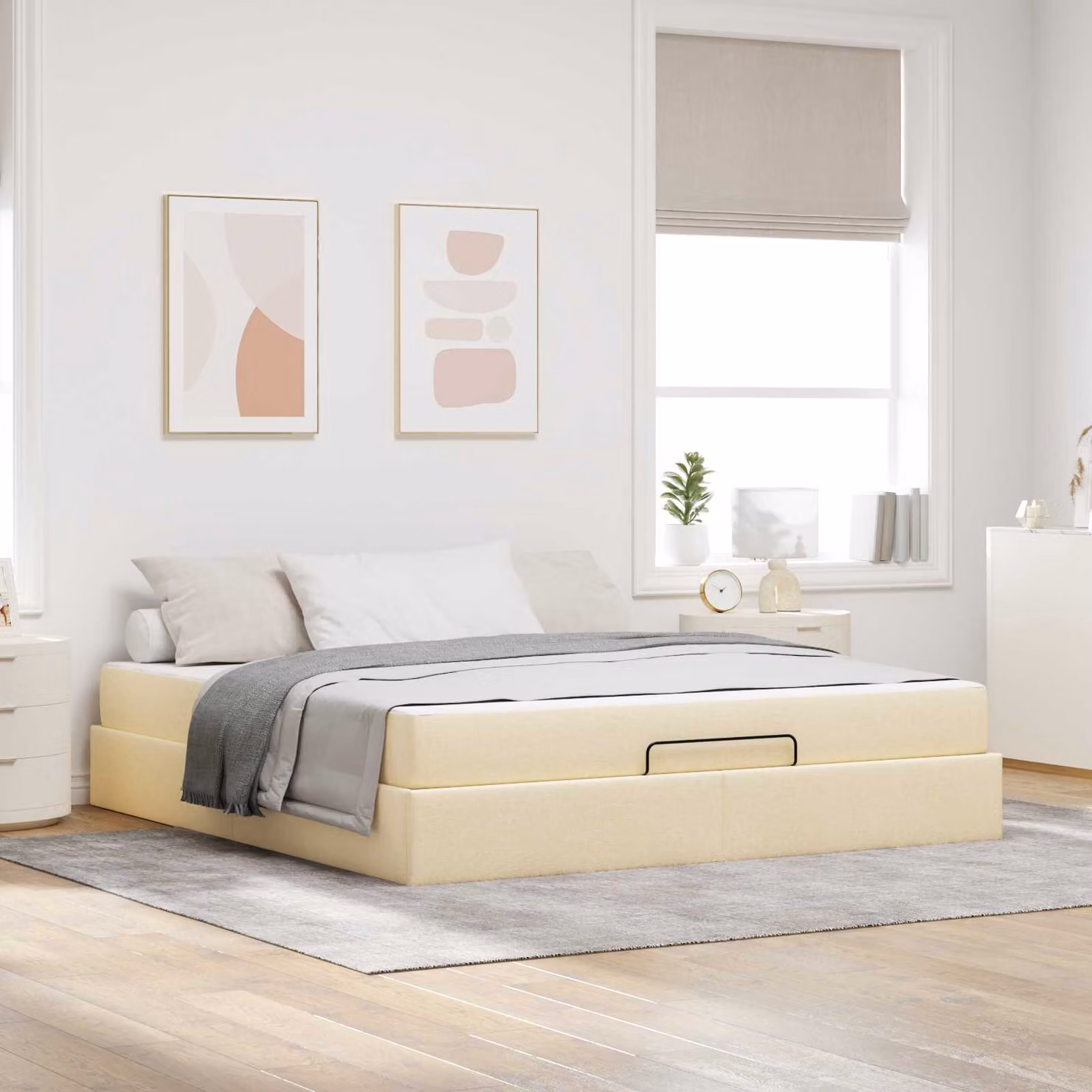 Set letto vidaXL con materasso in 2 pezzi, struttura imbottita in tessuto beige e legno, L/P: 180 x 200 cm