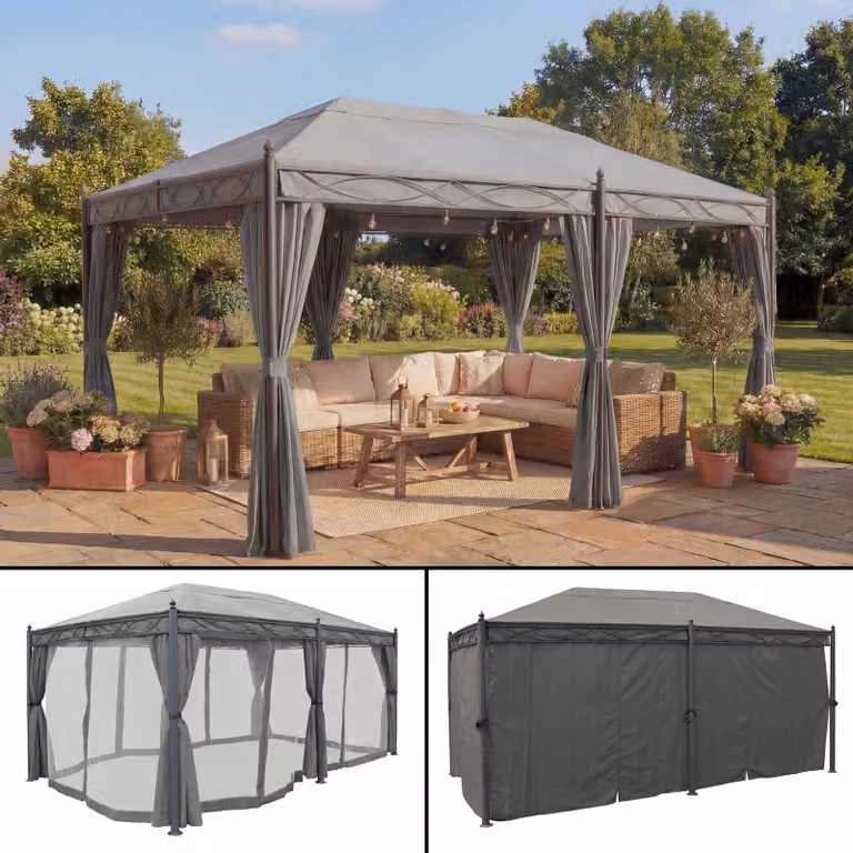 Pergola Cadiz, padiglione, struttura robusta 7cm 5x3m ~ grigio con parete laterale + zanzariera