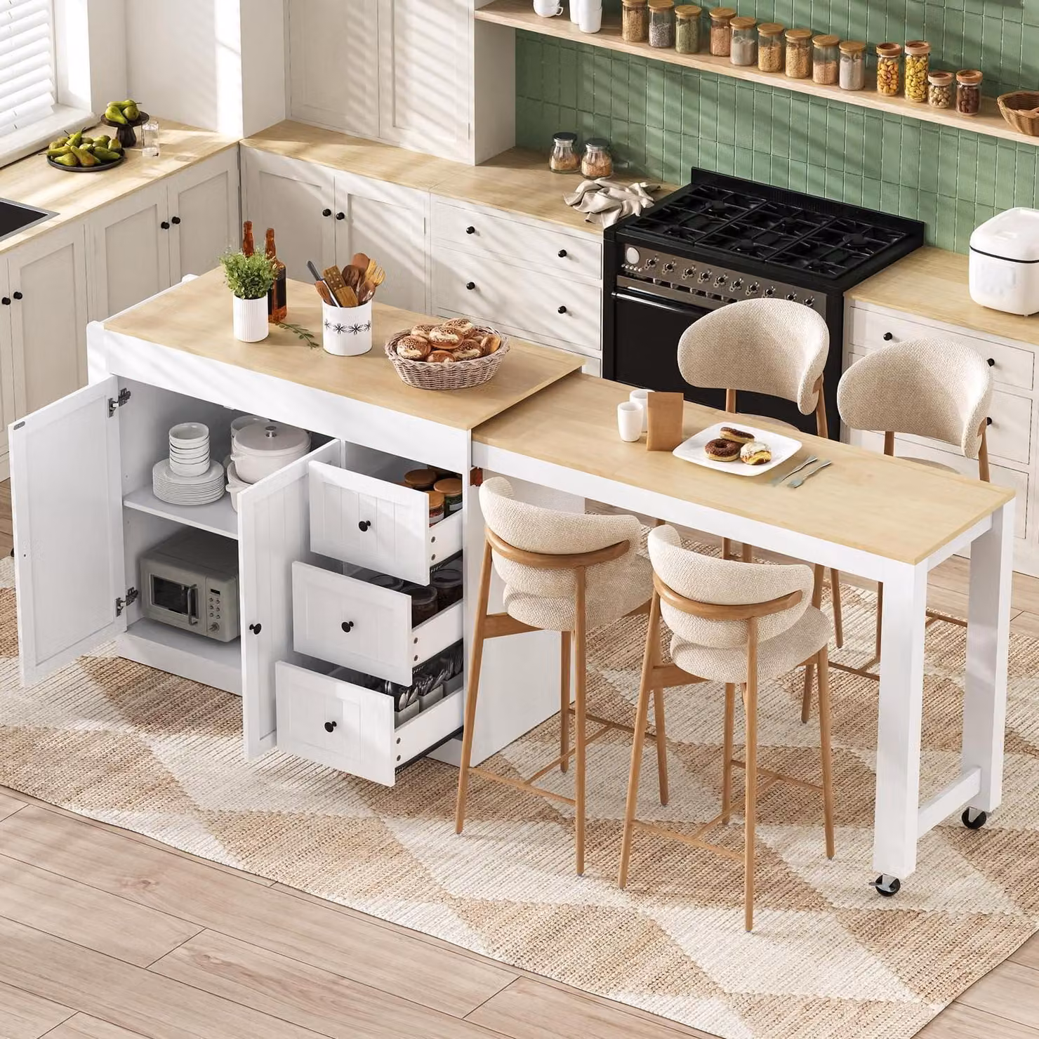 Isola da cucina con piano di lavoro estendibile, 3 cassetti, ruote, colore bianco