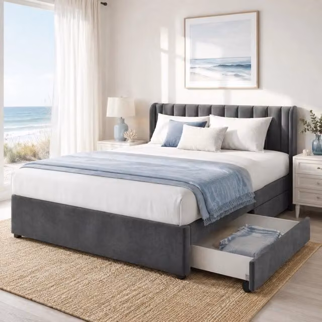 Letto Mivray con 2 cassetti su ruote, testiera in velluto grigio e rete a doghe, L/P/H: 180 x 200 x 102,5 cm