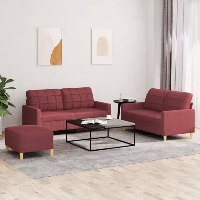 Set di divani 3 pezzi vidaXL in tessuto rosso con cuscini per soggiorno in stile moderno – 1