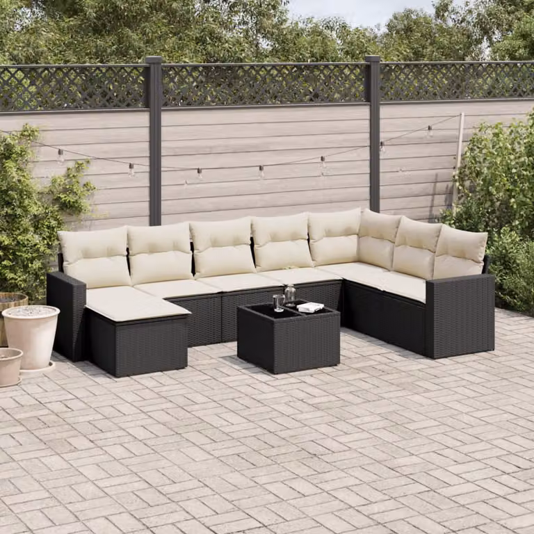vidaXL Set Divani da Giardino 9 pz con Cuscini Nero e Bianco in Polyrattan e Acciaio