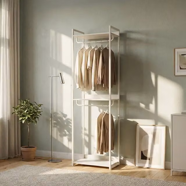Stand Appendiabiti Jässaatka en.casa in Acciaio con Doppia Asta e 3 Ripiani, Grigio, H 200 x L 61 x P 40 cm