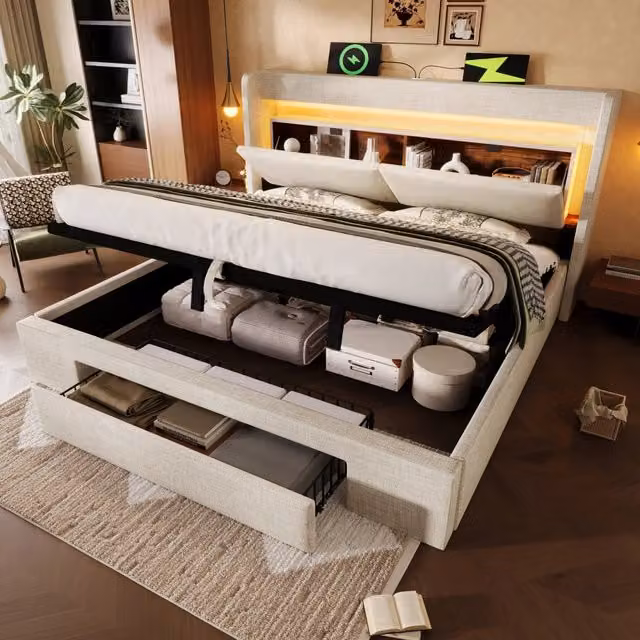 Letto imbottito 140x200 idraulico LED USB/Type-C lino beige