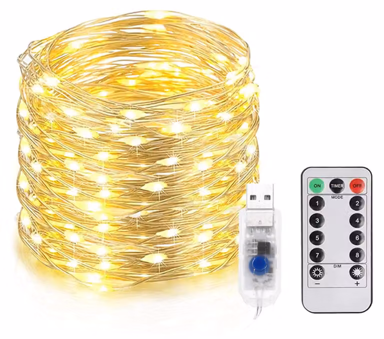 Catena luminosa a LED, 20 metri, 200 LED bianco caldo, alimentazione USB, telecomando, grado di protezione IP65