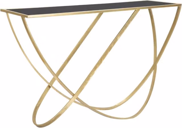 Consolle Ring con anelli in ferro oro e piano vetro nero 120x40x79 cm