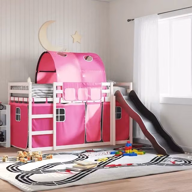 Letto a Castello con Scivolo e Tende Rosa 90x200 cm 3284139