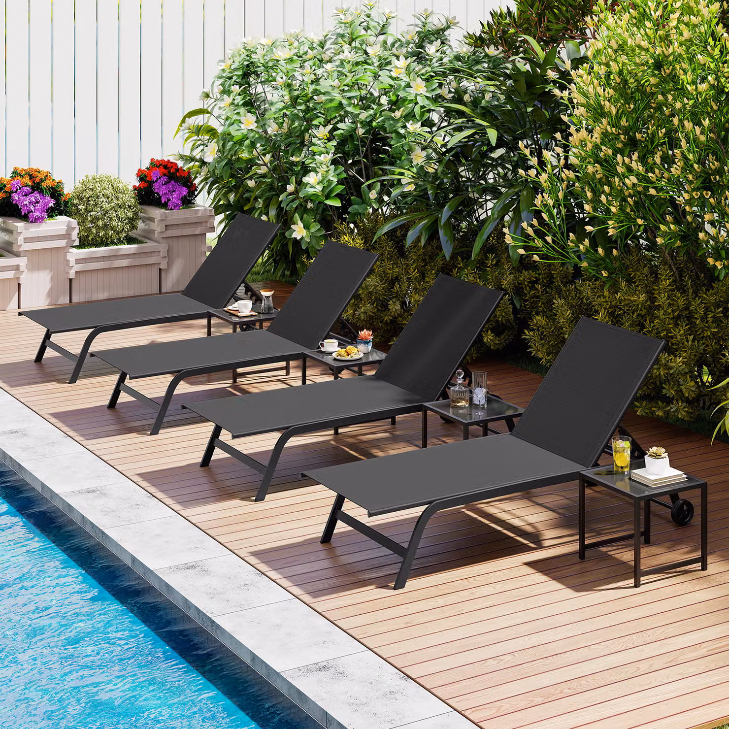 Set di sdraio e tavolino Costway in metallo e vetro con schienale regolabile in 6 posizioni e tavolino quadrato nero per giardino e balcone