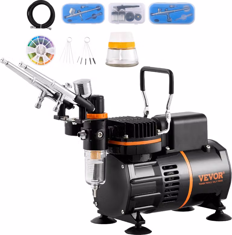 Set di aerografi VEVOR, compressore d'aria con doppia ventola, sistema di aerografi professionali con 3 aerografi, supporto, ruota di miscelazione dei colori, set di pennelli per la pulizia, set di aerografi per arte, unghie, biscotti, trucco, K