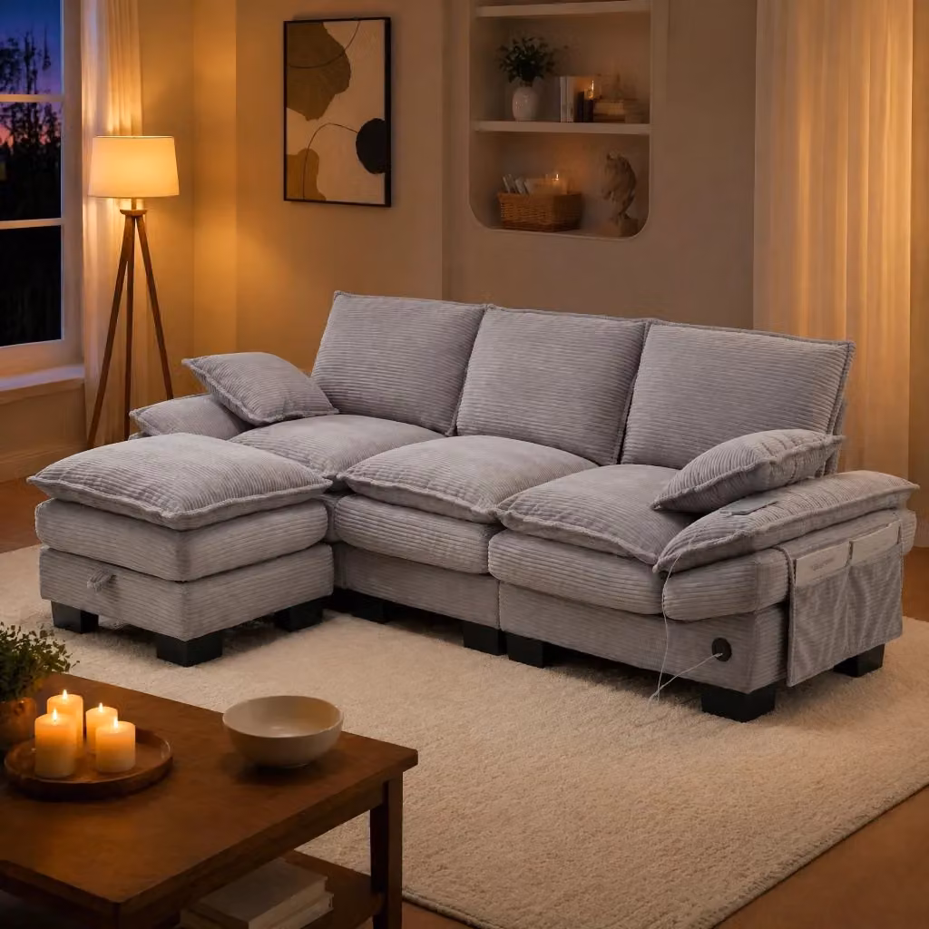 Divano modulare a 3 posti MIVRAY in velluto a coste grigio chiaro con pouf, ricarica USB-C e tasche laterali, L: 260 cm, P: 84 cm, H: 132 cm – 2
