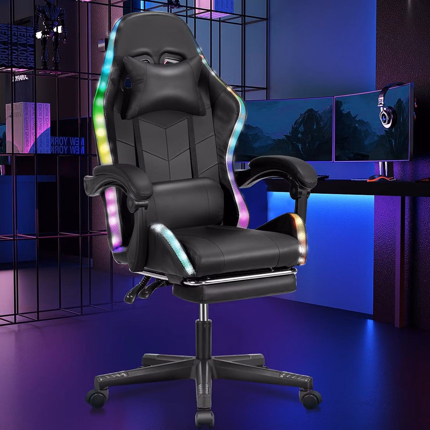 Sedia da gaming ergonomica con illuminazione RGB, poggiapiedi e altezza regolabile