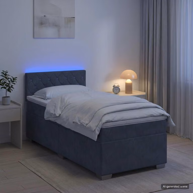 Letto a molle con materasso e illuminazione LED, colore grigio scuro, rivestito in velluto, modello singolo