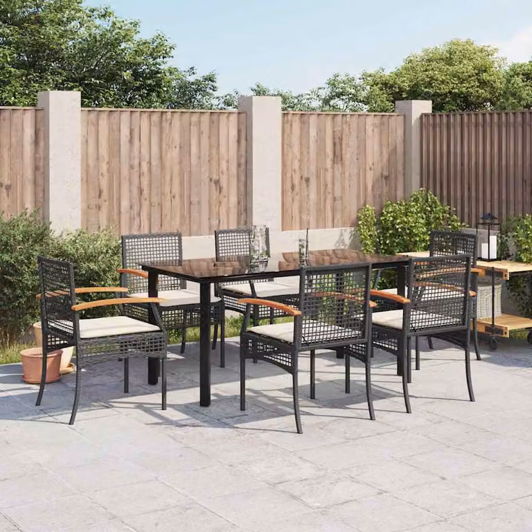 Set da Pranzo da Giardino vidaXL 7 pz in Polyrattan e Legno di Acacia con Piano in Vetro Nero e Bianco