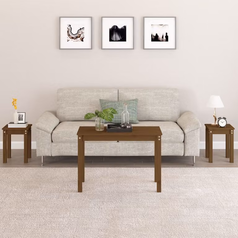 Set di 3 tavolini a incastro vidaXL in legno massello di pino, colore marrone, design moderno per soggiorno o camera da letto