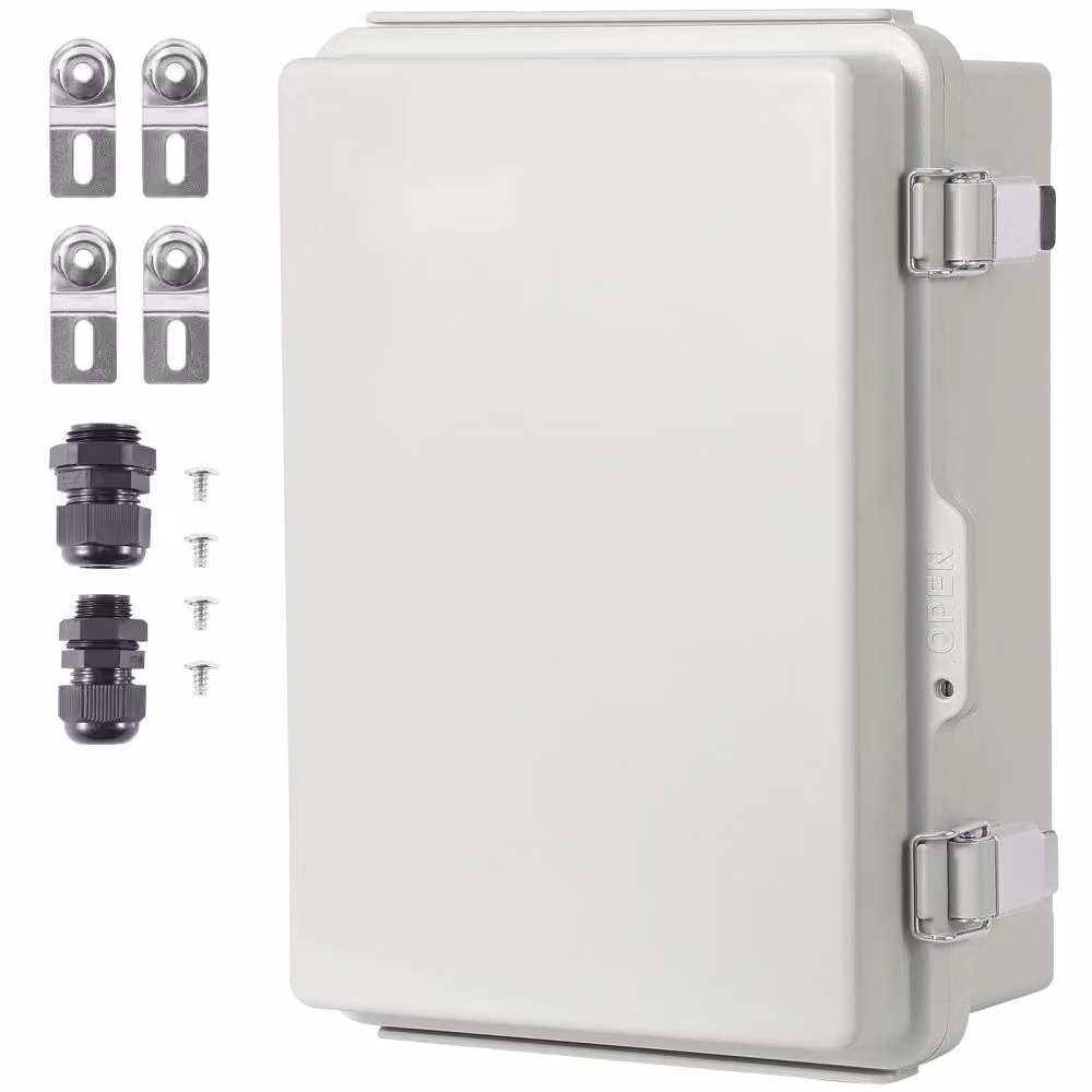 Scatola di connessione elettrica per esterni - 300 x 200 x 180 mm, alloggiamento in plastica ABS con coperchio incernierato, chiusura in acciaio inox, IP67 - progetti elettrici per esterni