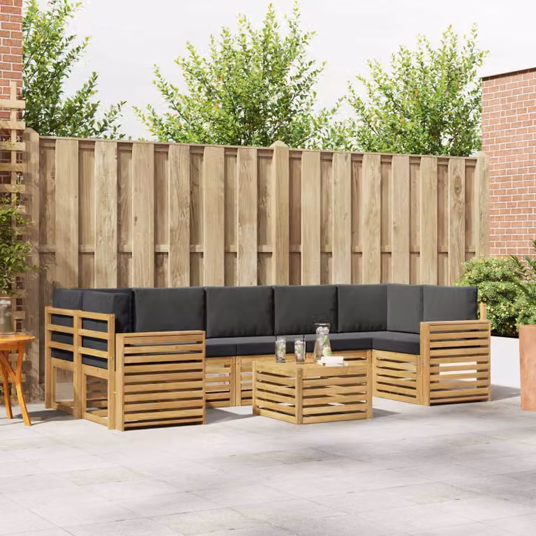 vidaXL Set di divani da esterno a forma di U composto da 8 pezzi in legno di acacia con cuscini bianchi e antracite in poliestere resistente ai raggi UV