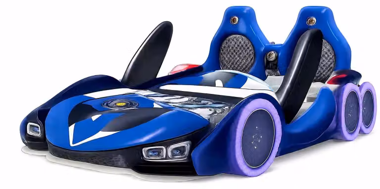 Lettino per bambini blu, con luci LED, dotato di ruote e connessione Bluetooth