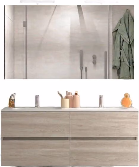 Mobile da Bagno Sospeso Bali Light Double con Lavabo e Specchio con LED GIORDANOSHOP L: 120 cm, P: 50 cm, H: 46,5 cm, Rovere Naturale – 1