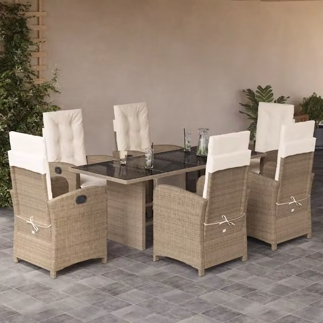 Set da pranzo da giardino vidaXL in polyrattan con cuscini beige e piano in vetro per esterno – 1