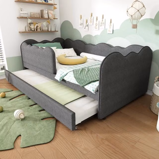 Letto imbottito Daybett 90x190 cm con letto estraibile, struttura in lino grigio senza materasso