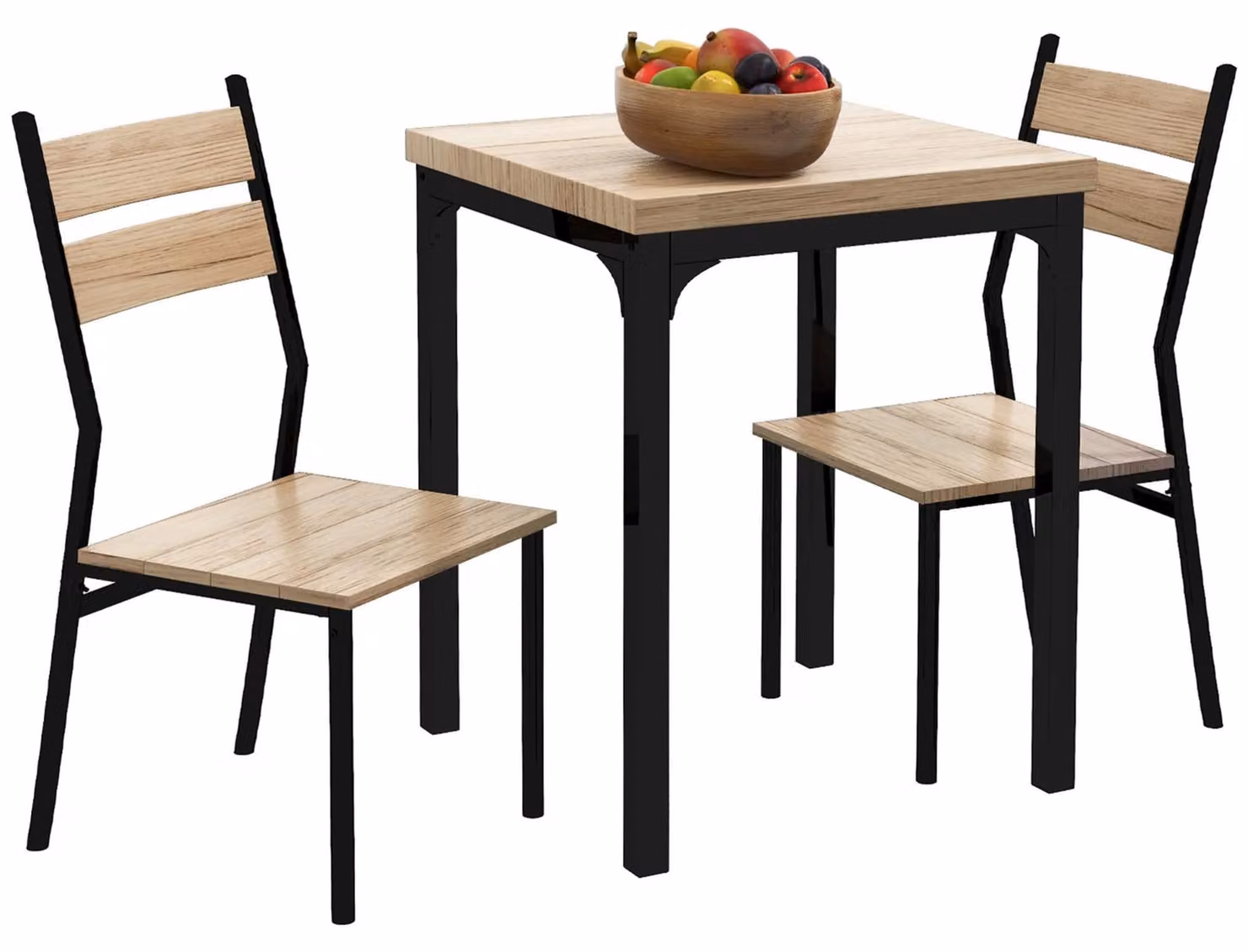 Set da pranzo 3 pezzi: tavolo rotondo con 2 sedie. Piano del tavolo spesso 4 cm, struttura in metallo, colore naturale