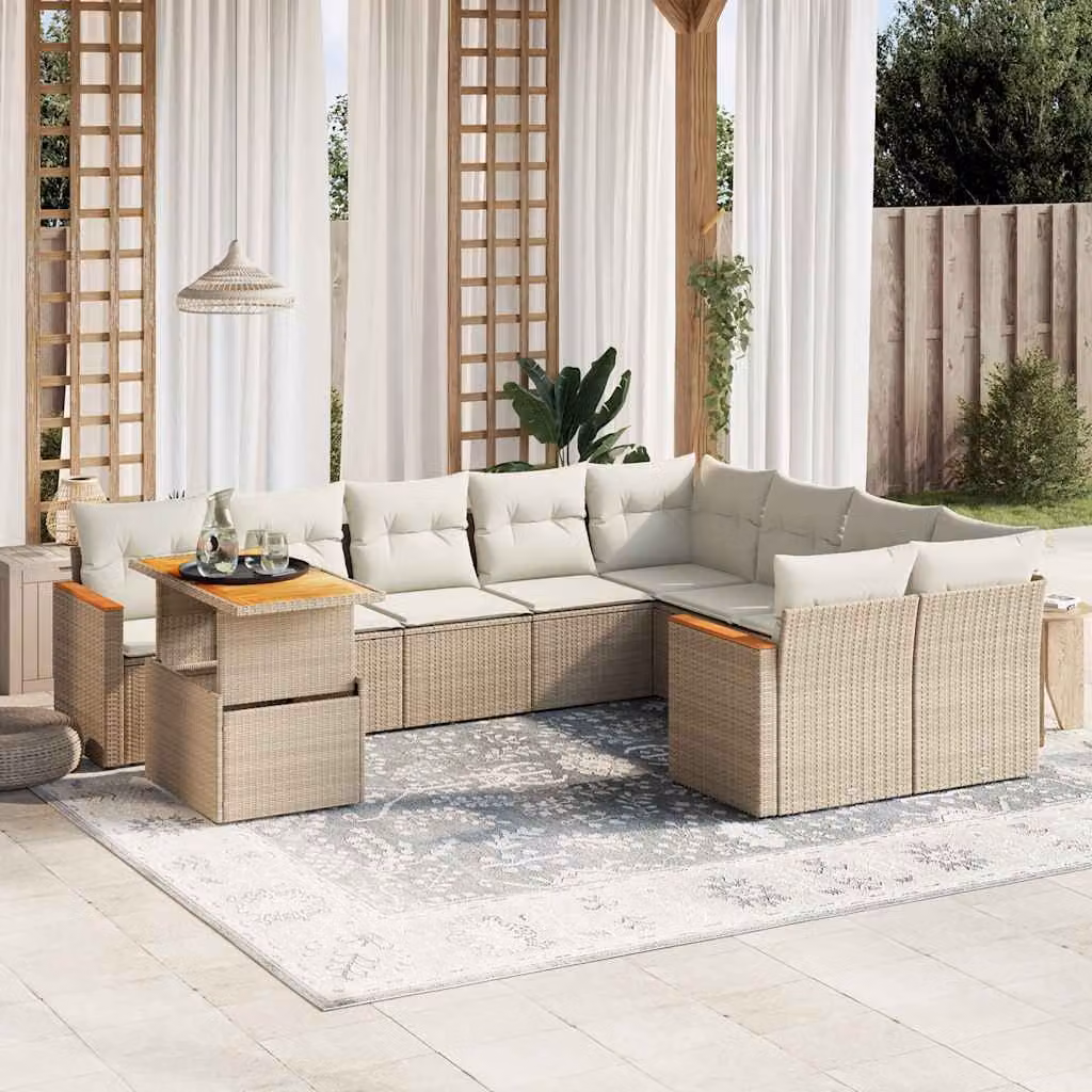 Set Divano da Giardino vidaXL 10 pz a Forma a L in Polyrattan con Cuscini Beige e Tavolino da Esterno – 1