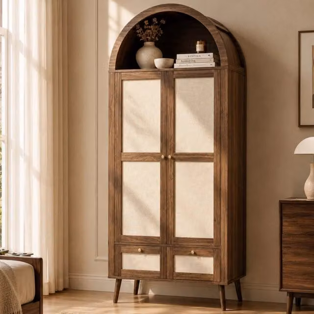 Armadio con 2 porte e 2 cassetti ¨C Minimal ¨C rovere beige rattan 180cm alto con appendiabiti e ripiani