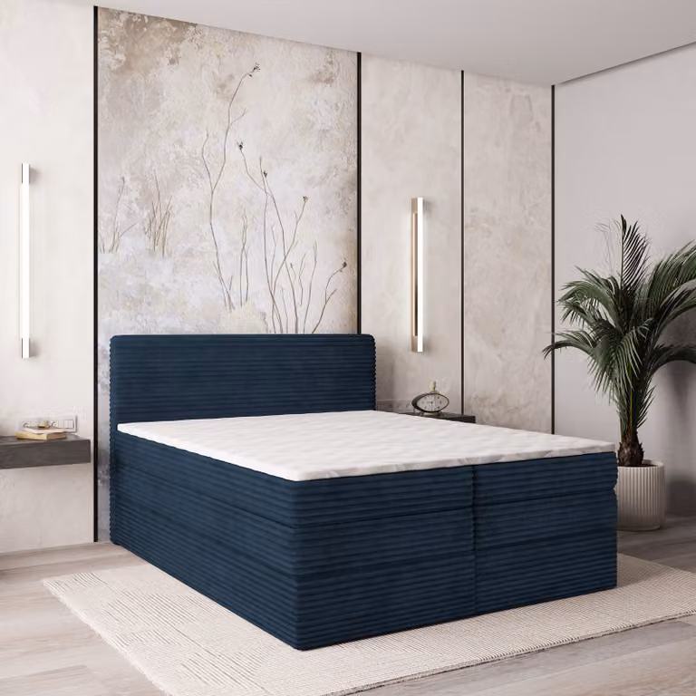 Letto a molle insacchettate Masseno LUNERA 140x200 cm completo di materasso bonell e topper, letto imbottito con cassettiera -blu, TILIA 77