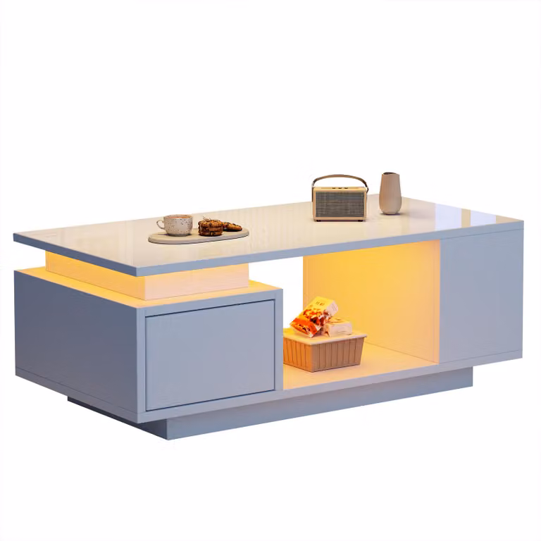 MODFU Tavolino da salotto bianco con LED, tavolino lucido con design traforato, tavolino con cassetto e quattro lati, 100×50×36 cm