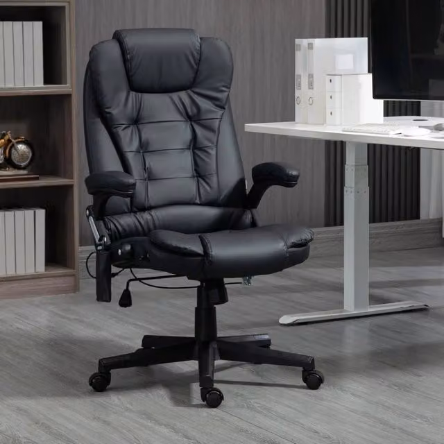 Sedia da ufficio ergonomica con massaggio e riscaldamento girevole a 360° in pelle rigenerata nera
