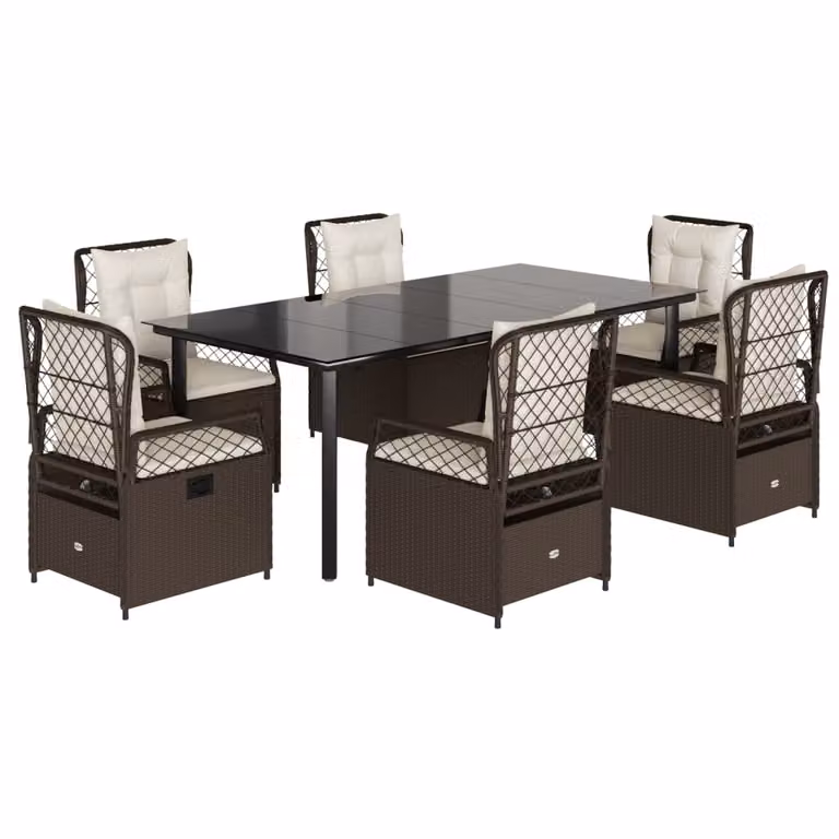 Set da Pranzo da Giardino 7pz con Cuscini in Polyrattan Marrone