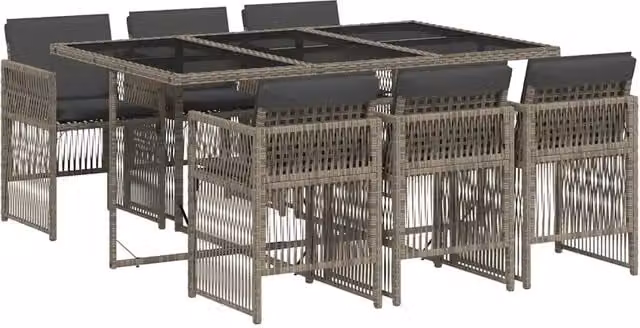 Set da Pranzo da Giardino 7 Pezzi in Polyrattan Grigio e Nero con Piano in Vetro