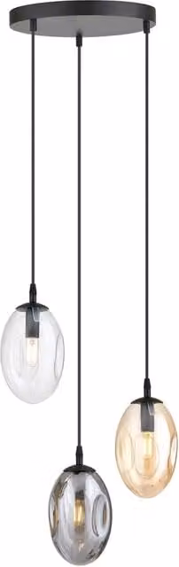 Lampada a sospensione Lancelot Luceart-Classic con 3 luci in acciaio nero e vetro ambra e fumè trasparente