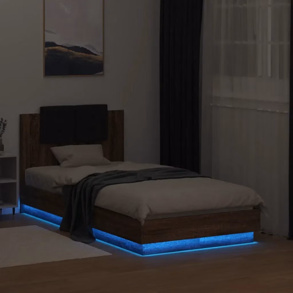 Letto singolo moderno con testiera, illuminazione LED sottostante e porta di ricarica USB, Rovere Marrone, L: 75 cm x P: 190 cm – 2